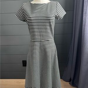 Lesley Evers Black White Striped Midi Dress Pockets Size M